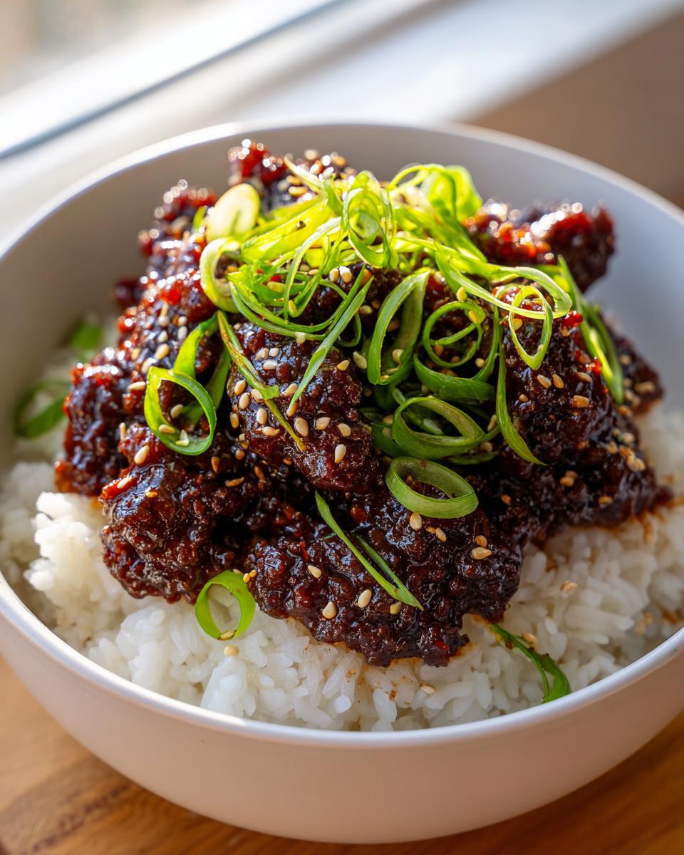 A close-up of a white bowl filled with white rice topped generously with dark, glossy korean ground beef bowl and garnished with sliced green onions and sesame seeds.