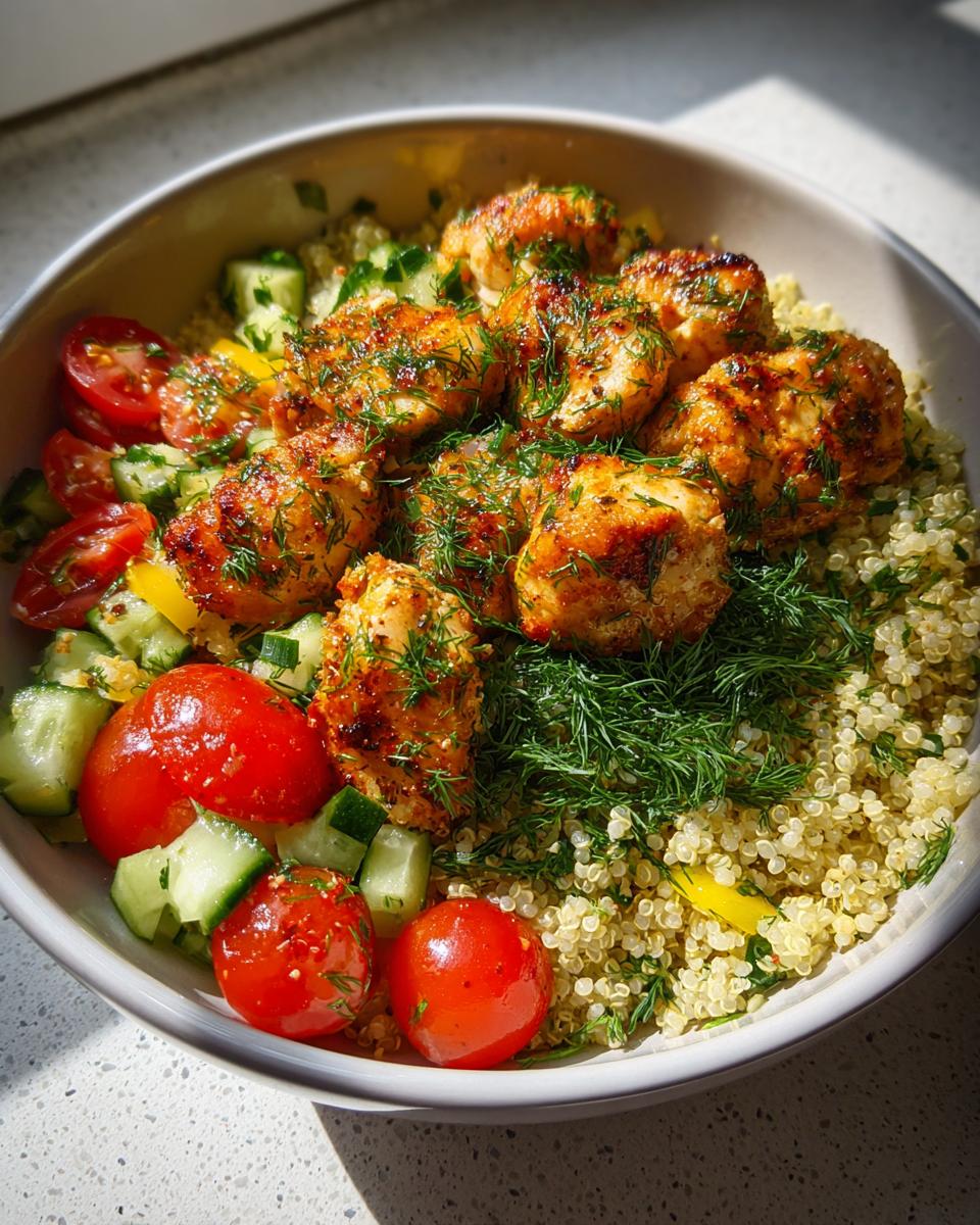 A bright, close-up view of a lemon dill chicken bowl featuring seasoned chicken pieces over quinoa, fresh dill, cucumbers, and cherry tomatoes.