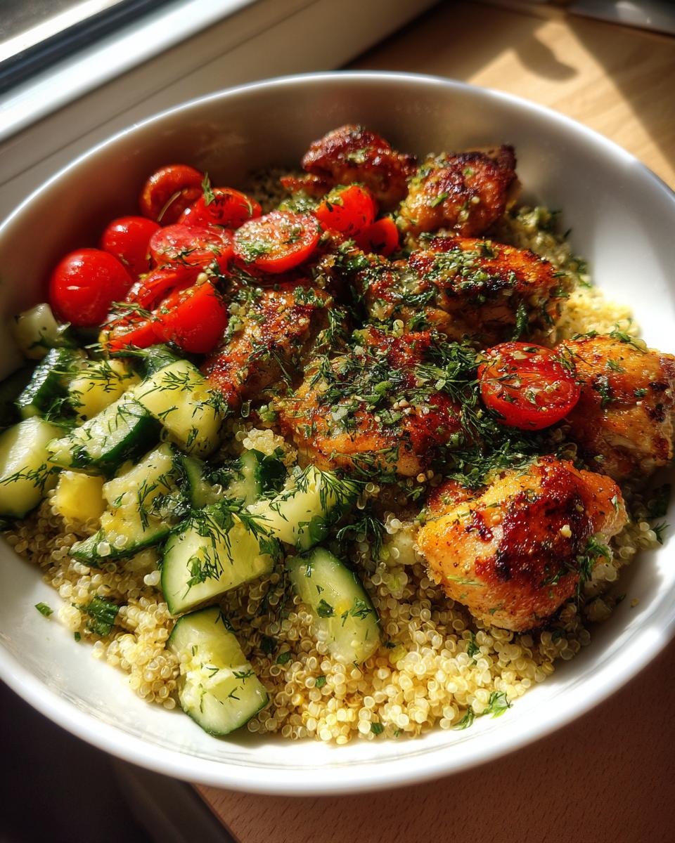 A vibrant lemon dill chicken bowl featuring golden chicken pieces over quinoa, topped with fresh dill, cherry tomatoes, and sliced cucumbers.