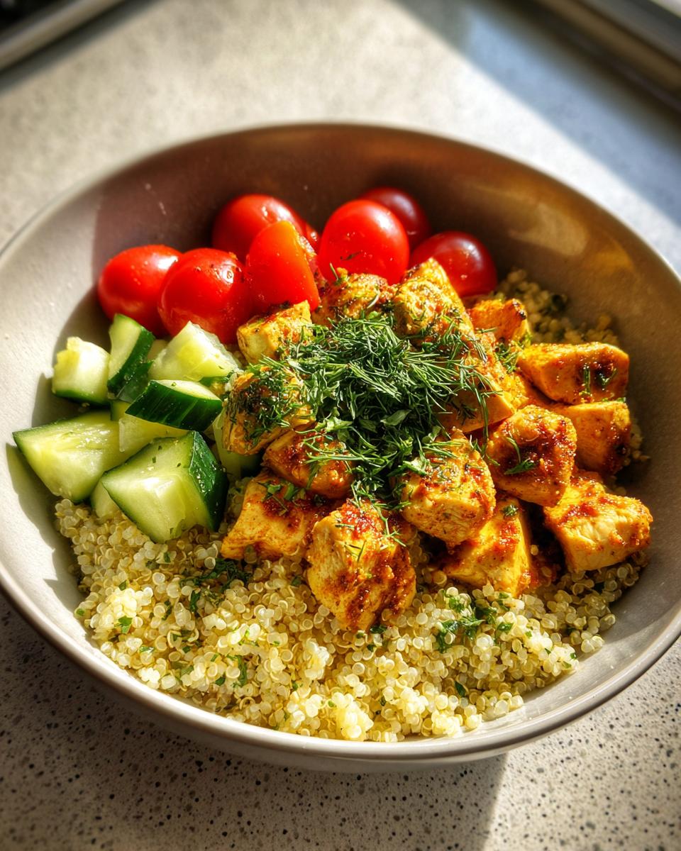 Close-up of a vibrant lemon dill chicken bowl featuring seasoned chicken cubes over quinoa, topped with fresh dill, cherry tomatoes, and cucumber chunks.