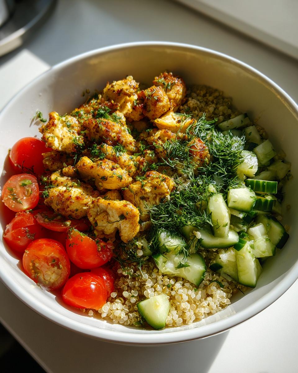 Close-up of a vibrant lemon dill chicken bowl featuring seasoned chicken, quinoa, cherry tomatoes, and diced cucumber.