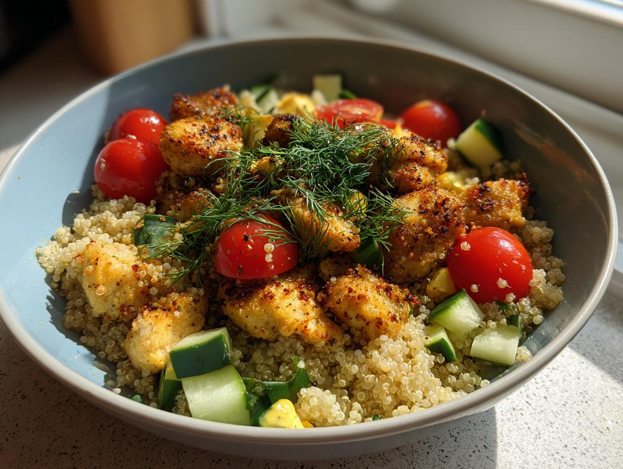 Close-up of a lemon dill chicken bowl featuring seasoned chicken pieces, quinoa, cherry tomatoes, cucumber, and fresh dill.