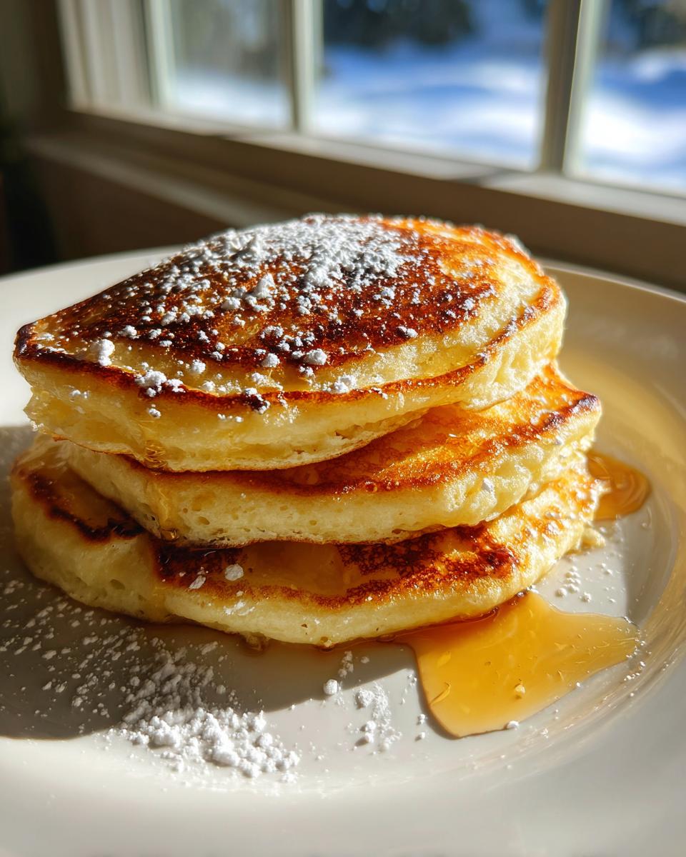 A stack of three fluffy Lemon ricotta pancakes dusted with powdered sugar and drizzled with syrup.