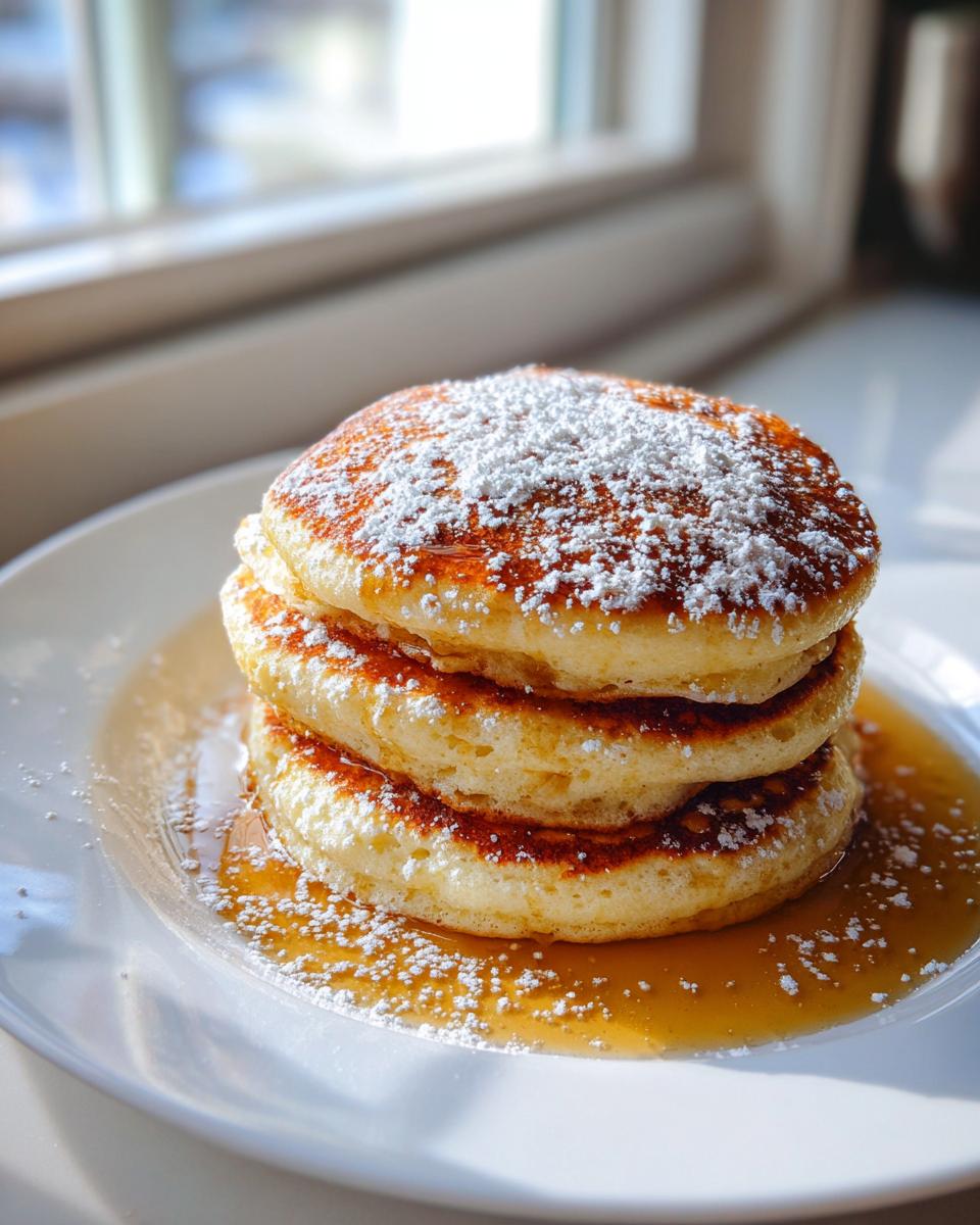 A tall stack of three fluffy Lemon ricotta pancakes drizzled with syrup and dusted heavily with powdered sugar.