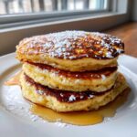 A tall stack of four fluffy Lemon Ricotta Pancakes drizzled with syrup and dusted heavily with powdered sugar.
