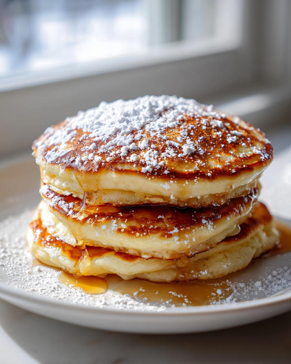 A tall stack of three fluffy Lemon ricotta pancakes drizzled with syrup and dusted heavily with powdered sugar.
