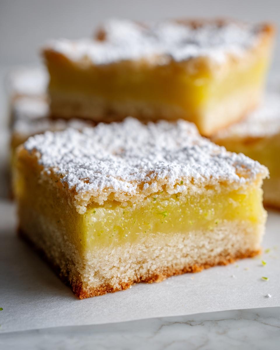 A close-up of a square Margarita bars slice showing the bright yellow filling and crust, dusted with powdered sugar.