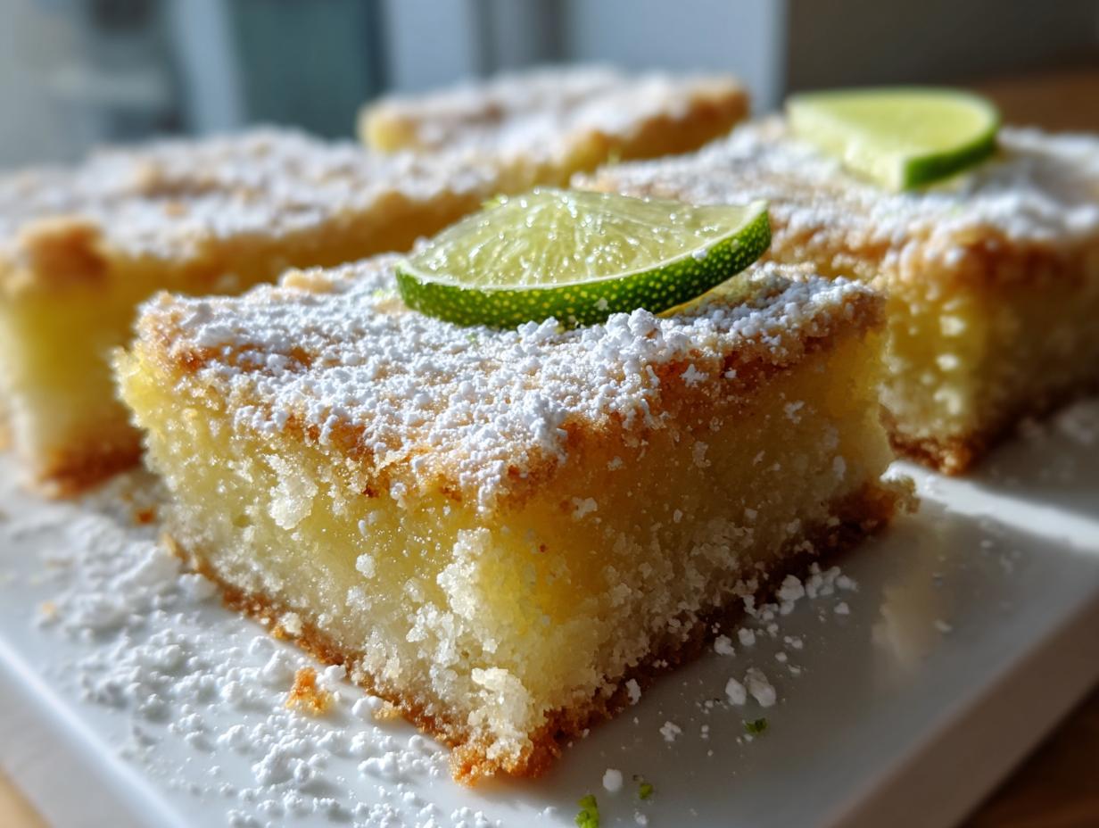 A close-up of a square slice of bright yellow Margarita bars dusted heavily with powdered sugar and topped with a fresh lime wedge.