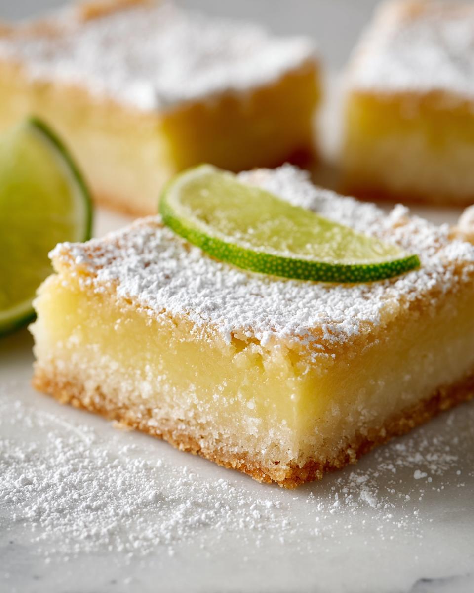 A single square of bright yellow Margarita bars, dusted with powdered sugar and topped with a lime slice.