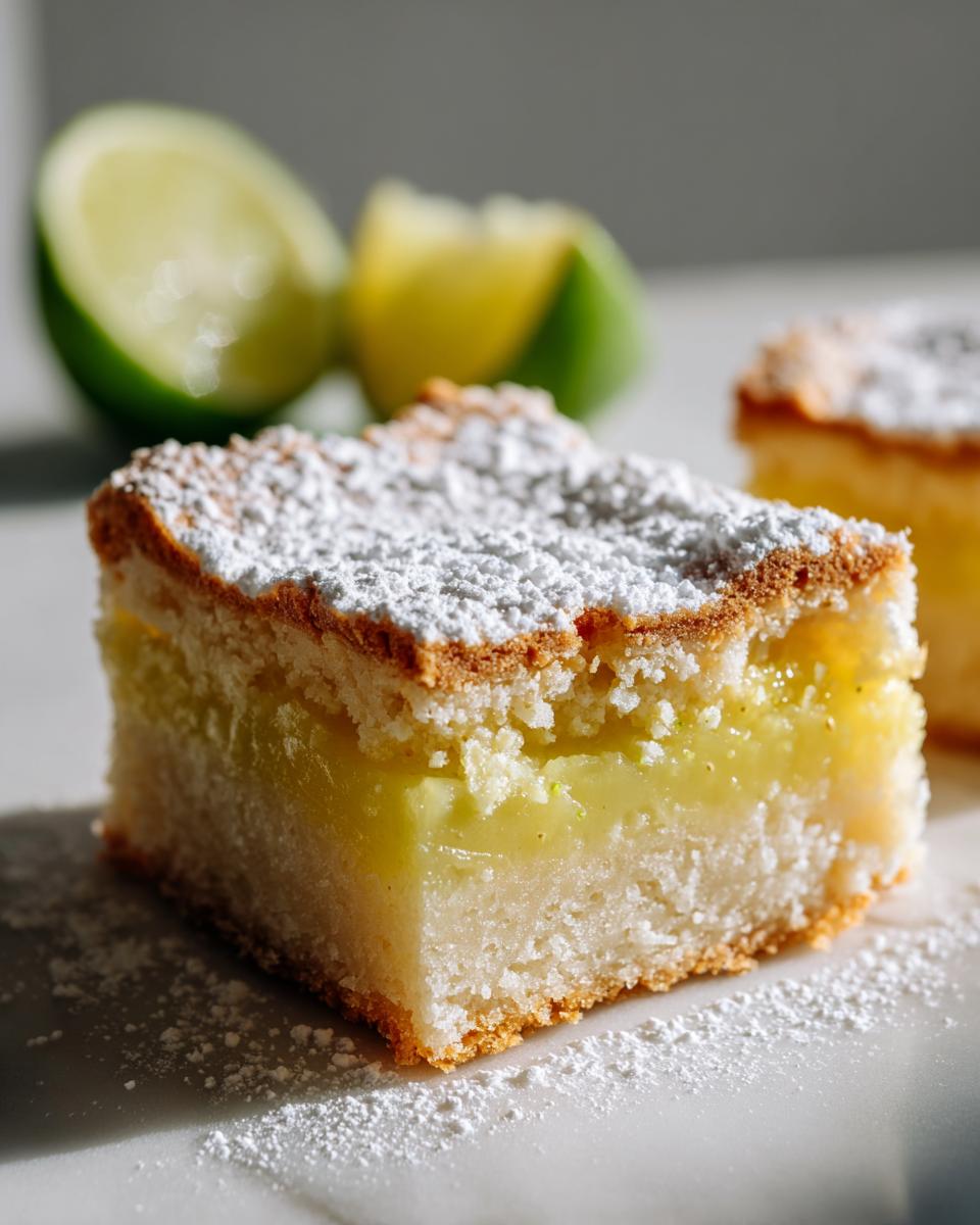 Close-up of a square slice of Margarita bars with a bright lime filling, dusted with powdered sugar, with fresh limes in the background.