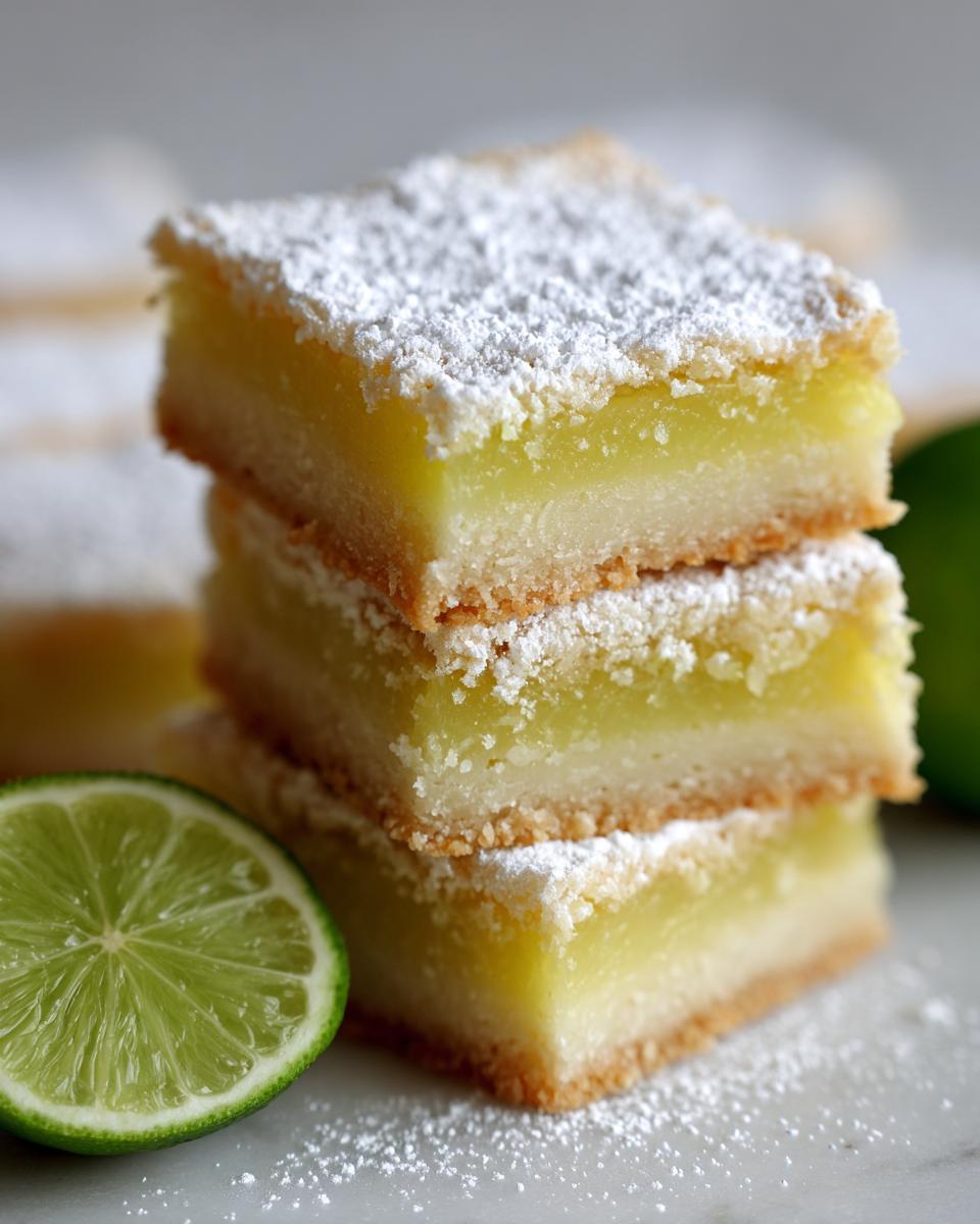 Three stacked squares of bright yellow Margarita bars, dusted with powdered sugar, next to a fresh lime slice.