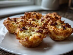 Close-up of five golden brown mini quiches topped with cheese and bacon bits on a white plate.