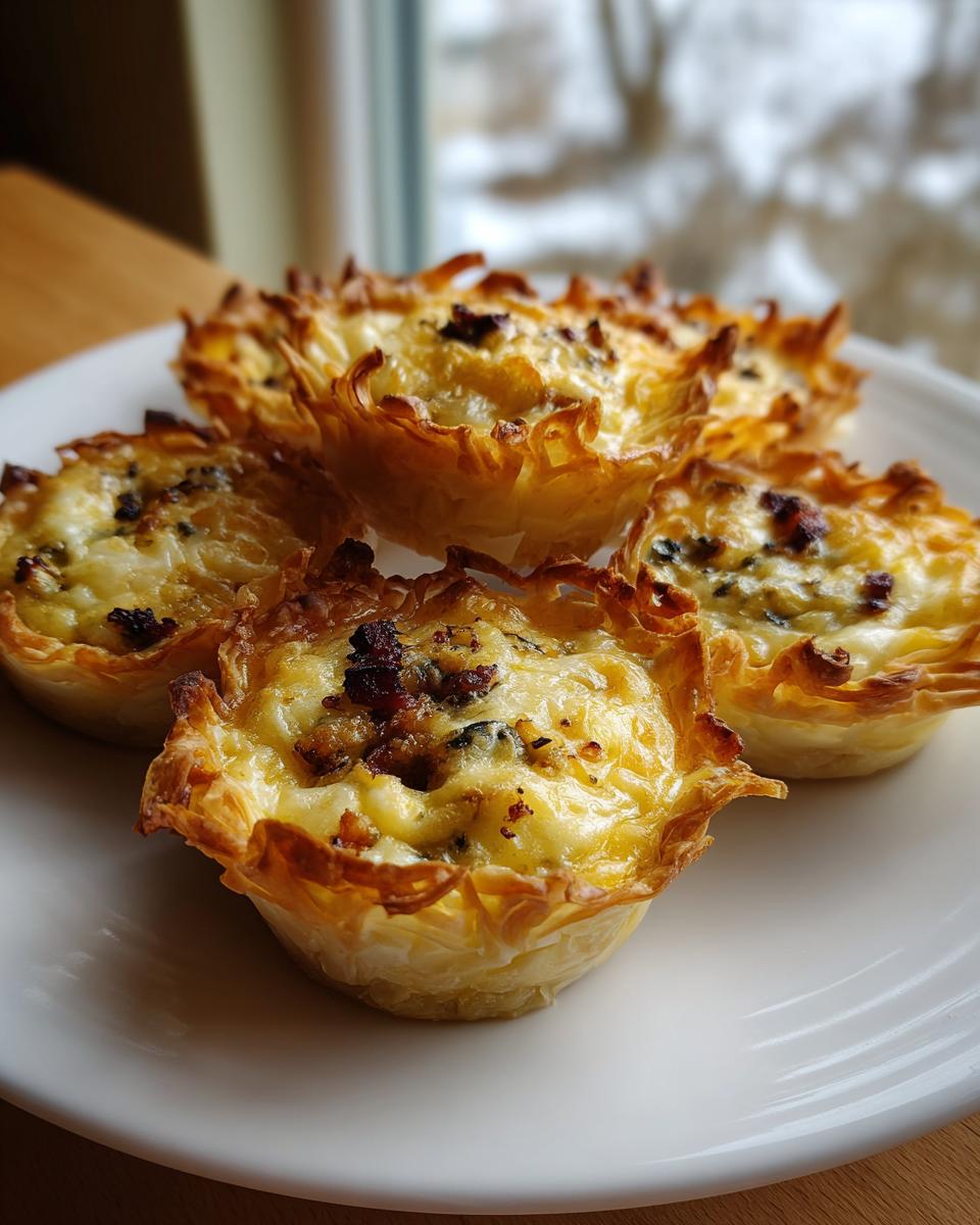 Four golden-brown mini quiches baked in crispy phyllo dough cups, served on a white plate.