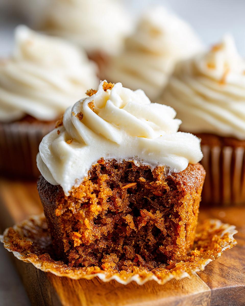 Close-up of a carrot cake cupcakes with a bite taken out, showing moist interior and cream cheese frosting.