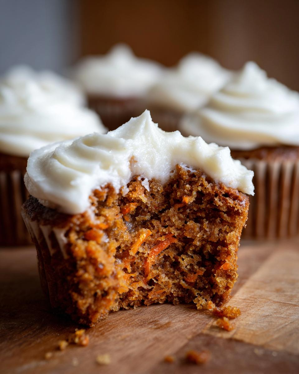 Close-up of a carrot cake cupcake with a bite taken out, showing moist texture and shredded carrots, topped with thick cream cheese frosting.