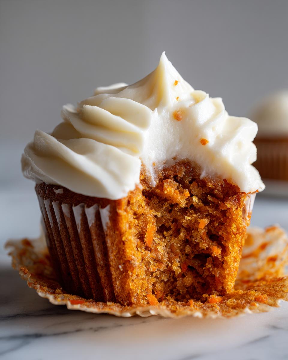 Close-up of a carrot cake cupcakes with a bite taken out, showing the moist crumb and thick cream cheese frosting.