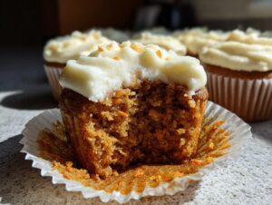 Close-up of a carrot cake cupcake with a bite taken out, showing the moist crumb and cream cheese frosting on top.