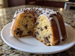 A chocolate chip bundt cake, cut to show the moist interior, drizzled with white glaze and topped with mini chips.