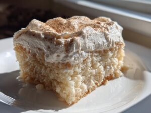 A close-up, sunlit slice of moist Tres leches cake topped with whipped cream and a dusting of cinnamon.