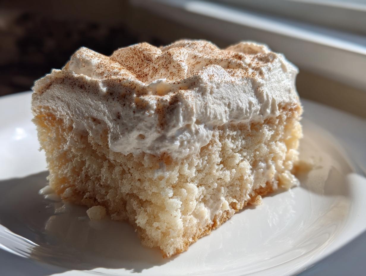 A close-up, sunlit slice of moist Tres leches cake topped with whipped cream and a dusting of cinnamon.