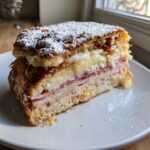 A thick slice of monte cristo breakfast casserole layered with ham, turkey, and melted cheese, dusted with powdered sugar.