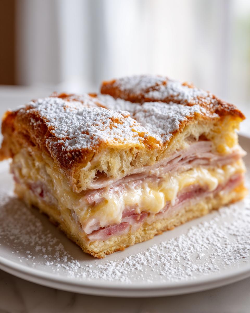 A square slice of rich Monte Cristo breakfast casserole layered with ham and melted cheese, dusted heavily with powdered sugar.