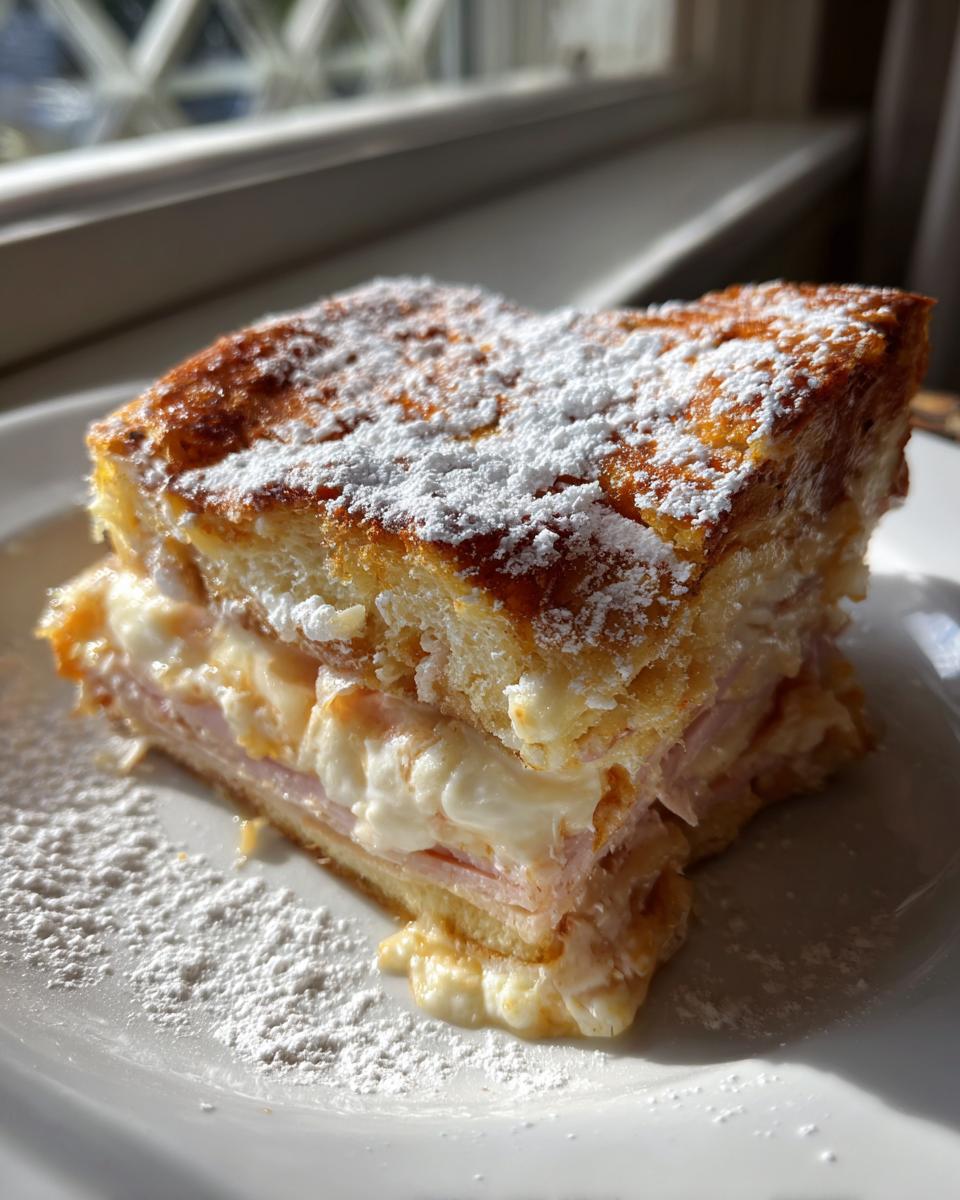 A thick, golden slice of Monte Cristo breakfast casserole layered with ham and creamy cheese, dusted heavily with powdered sugar.
