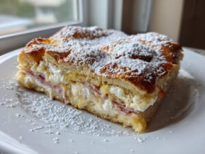 A thick slice of Monte Cristo breakfast casserole layered with ham and cheese, topped with powdered sugar on a white plate.