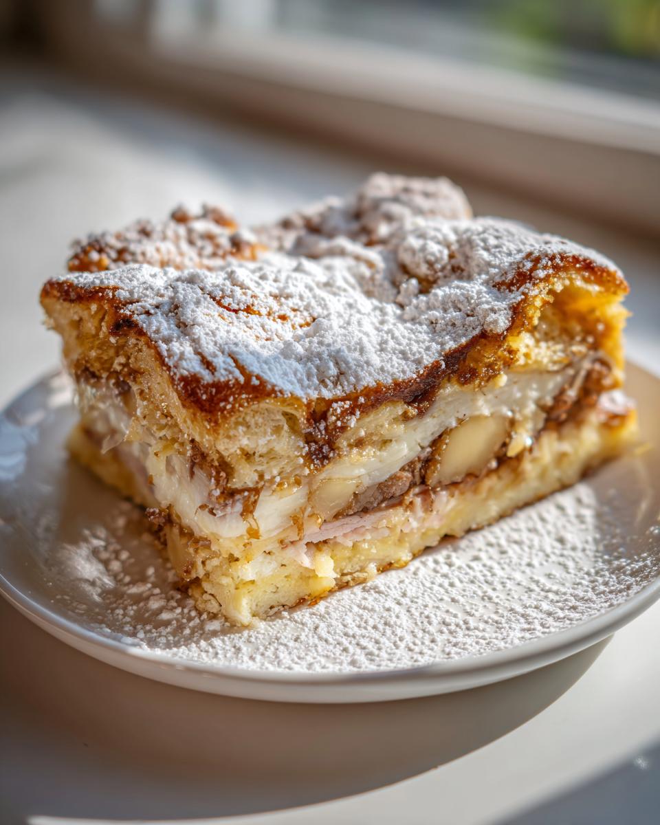 A single serving slice of Monte Cristo breakfast casserole topped generously with powdered sugar on a white plate.