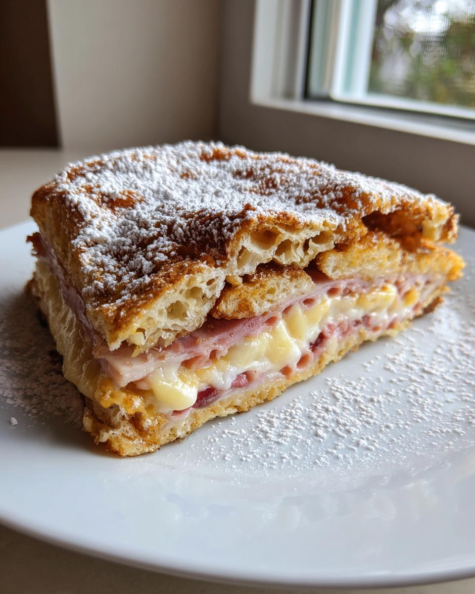 A thick slice of Monte Cristo breakfast casserole layered with ham and melted cheese, dusted heavily with powdered sugar.