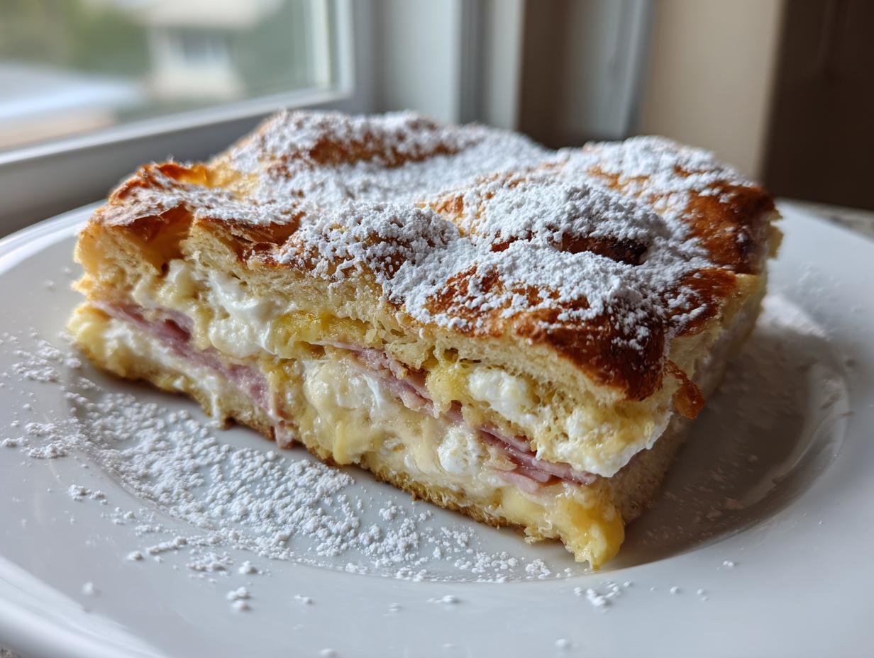 A thick slice of Monte Cristo breakfast casserole layered with ham and cheese, topped with powdered sugar on a white plate.