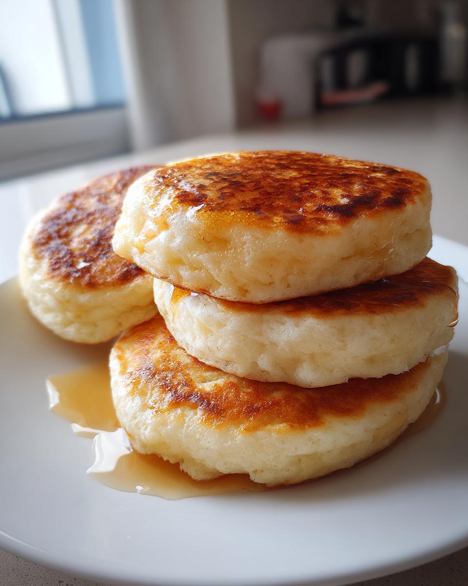 A stack of three thick, golden-brown muffin mix pancakes drizzled with syrup on a white plate.