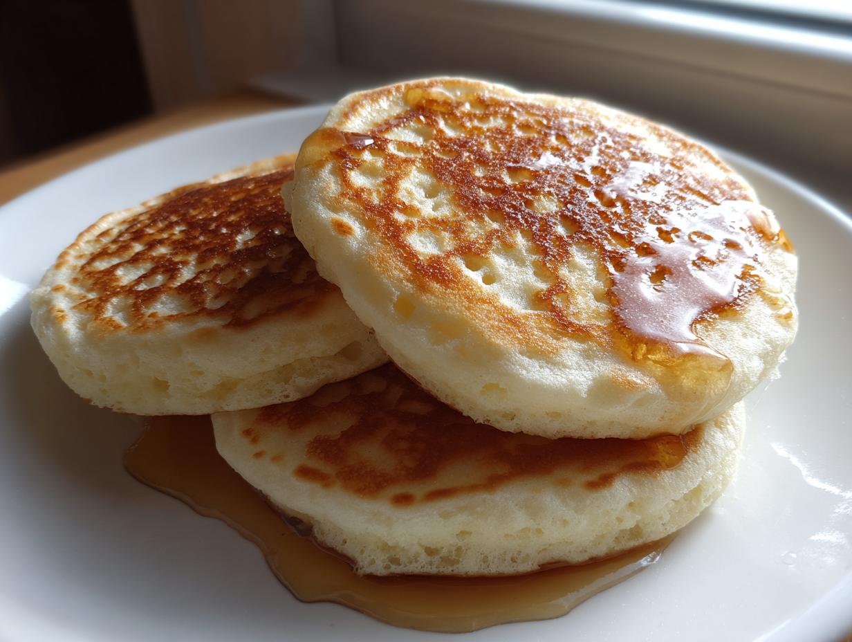 A stack of three fluffy muffin mix pancakes drizzled generously with golden syrup on a white plate.