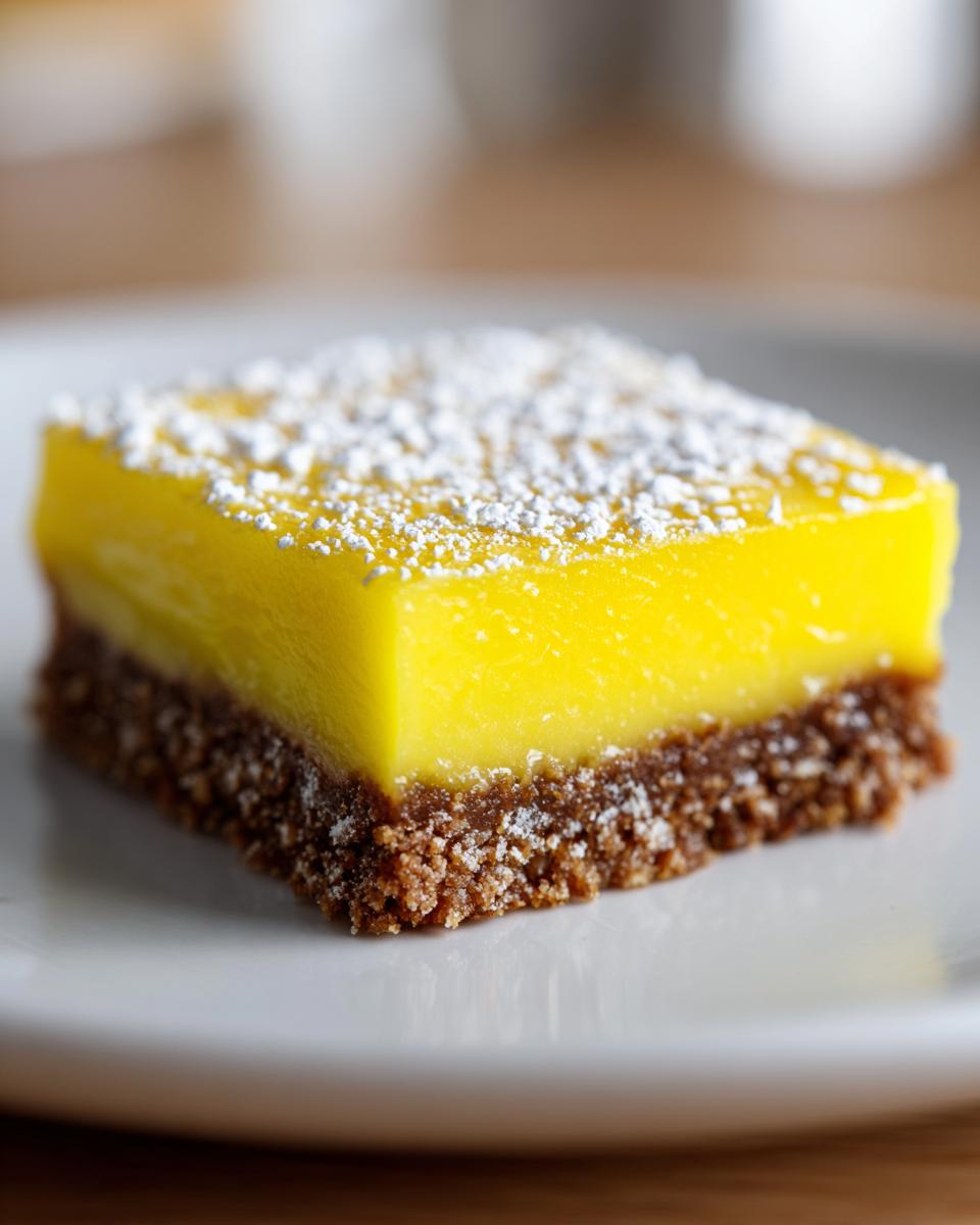 A single square of bright yellow no-bake lemon bars with a dark crust, dusted with powdered sugar.
