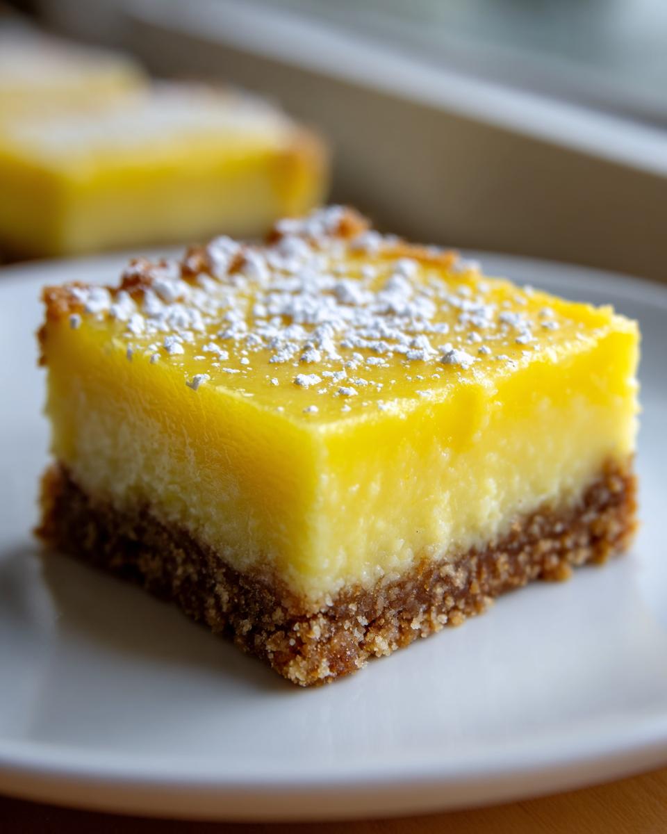 A single square of bright yellow no-bake lemon bars topped with powdered sugar on a white plate.