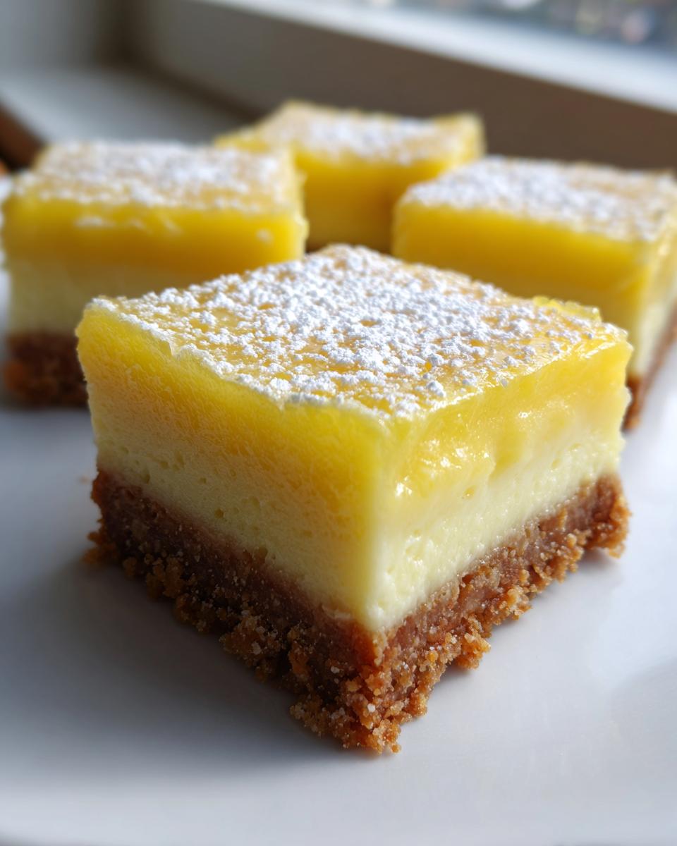 A close-up of a square no-bake lemon bars slice showing a thick graham cracker crust and bright yellow filling, dusted with powdered sugar.