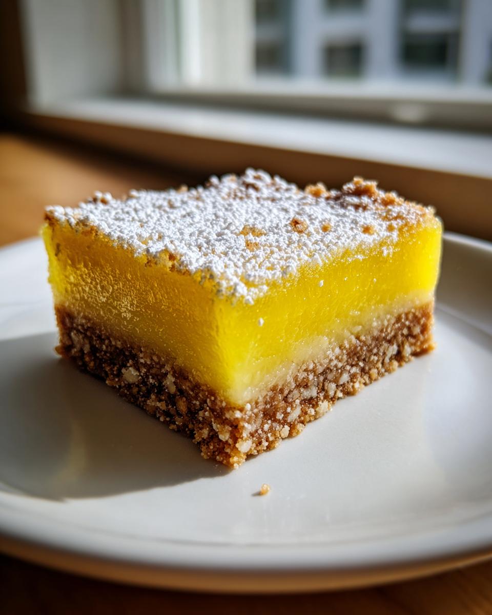 A single square of bright yellow no-bake lemon bars topped with powdered sugar on a white plate.