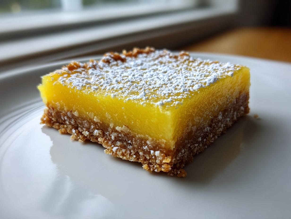 A close-up of a single, square no-bake lemon bars slice with a graham cracker crust, dusted with powdered sugar.