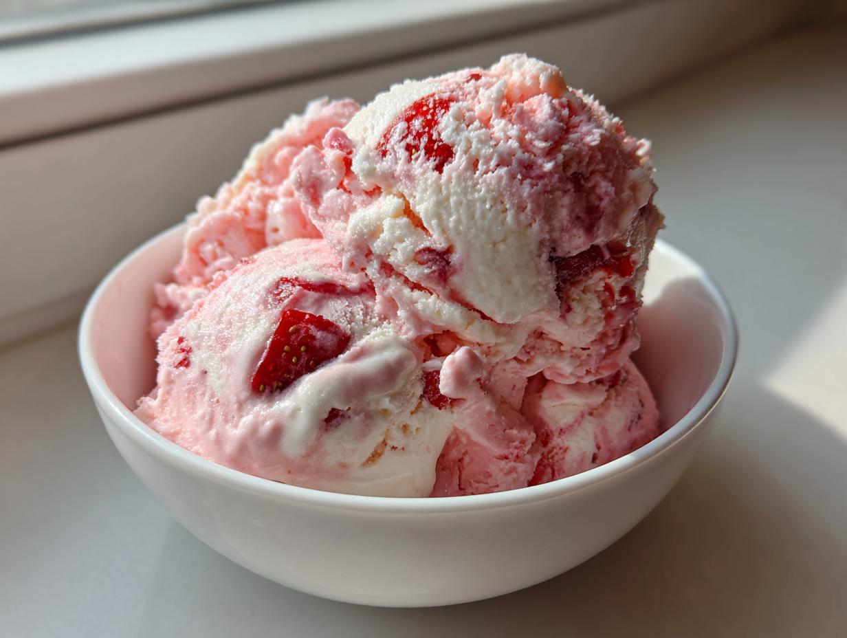 Close-up of scoops of pink and white no-churn strawberry kefir ice cream with visible strawberry pieces in a white bowl.