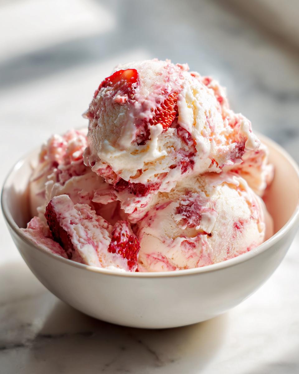 Close-up of several scoops of creamy no-churn strawberry kefir ice cream swirled with fresh strawberry pieces in a white bowl.