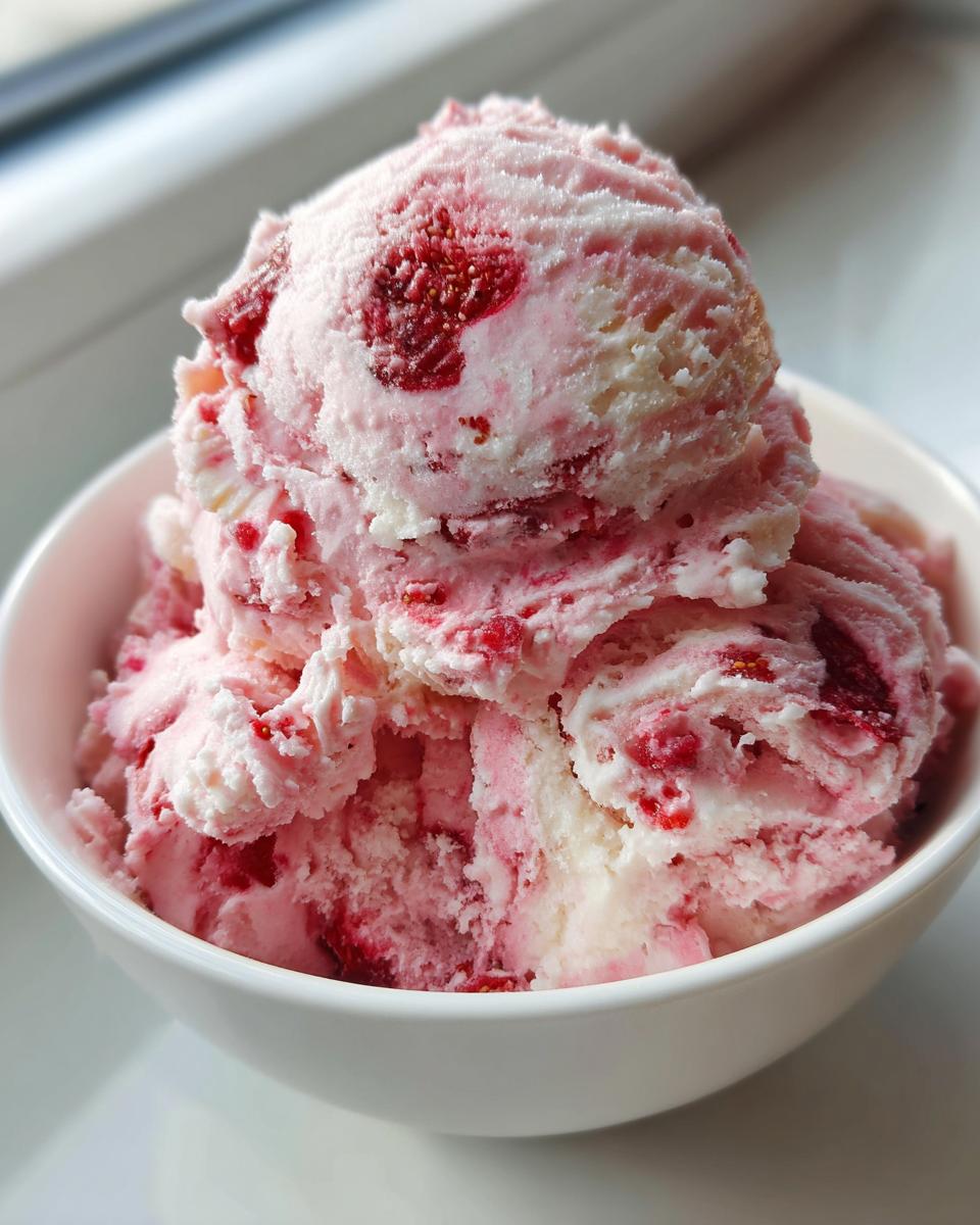 Close-up of several scoops of pink and white no-churn strawberry kefir ice cream in a white bowl.
