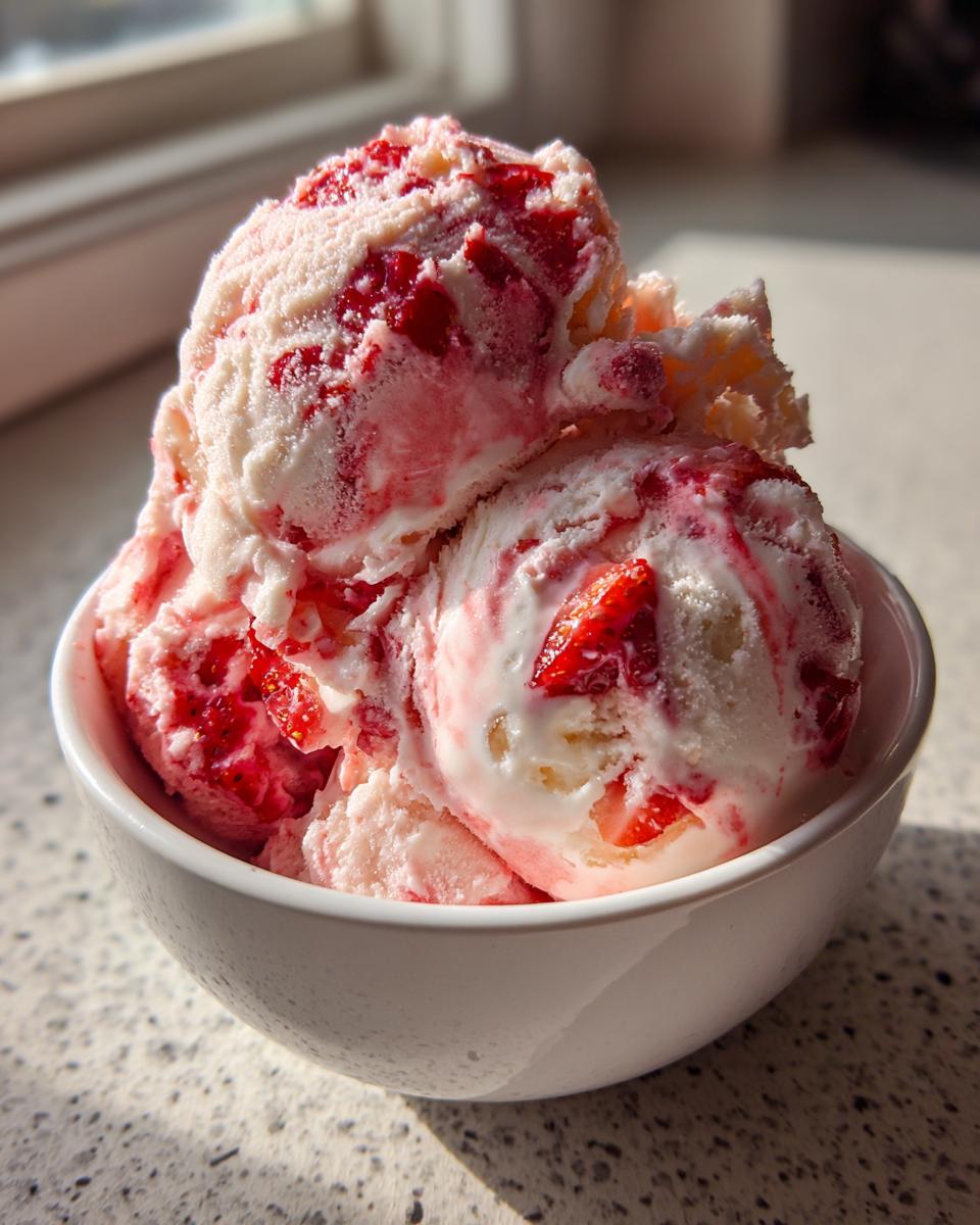 Three scoops of creamy no-churn strawberry kefir ice cream swirled with bright red strawberry pieces in a white bowl.