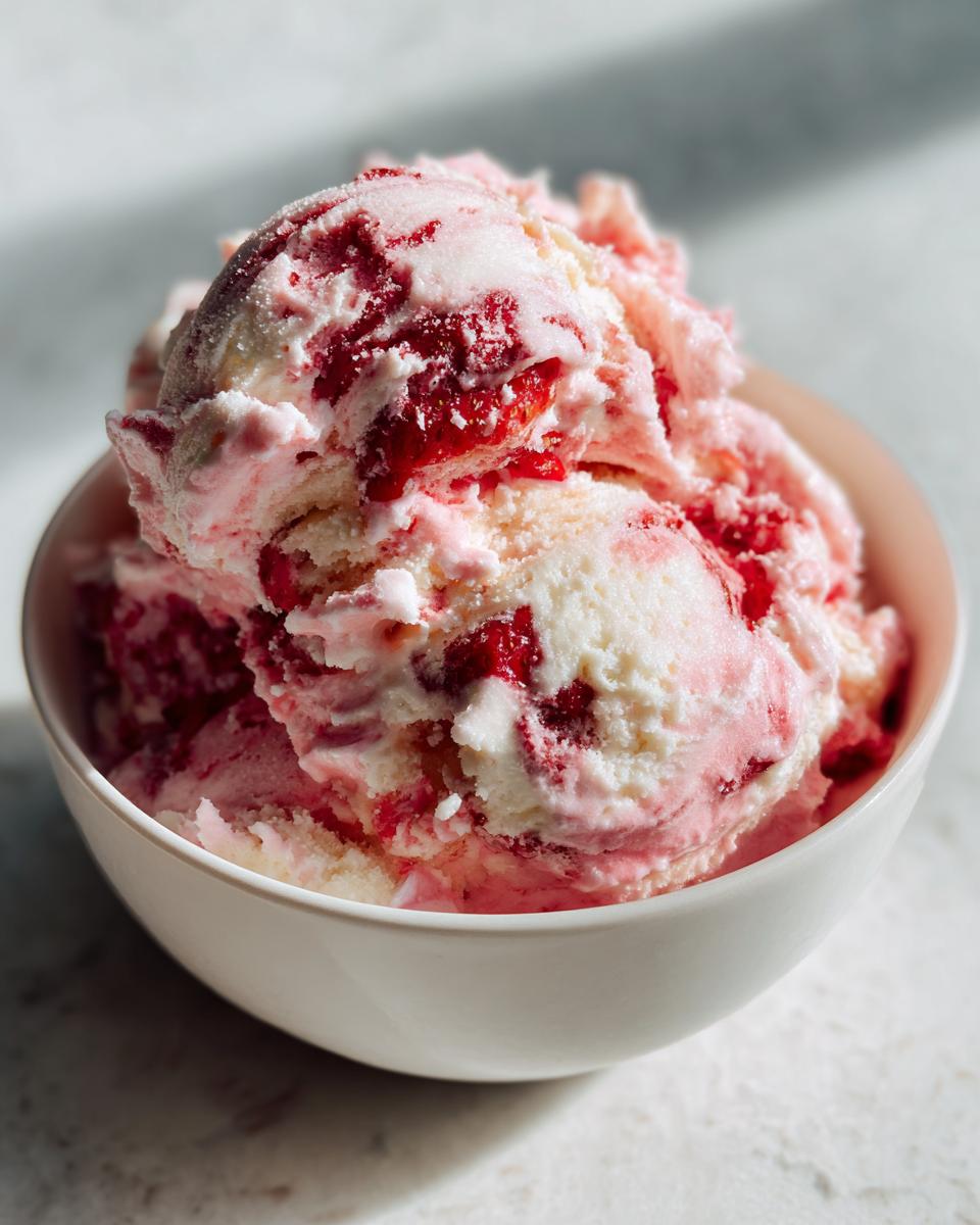 Close-up of scoops of creamy, swirled no-churn strawberry kefir ice cream in a white bowl.