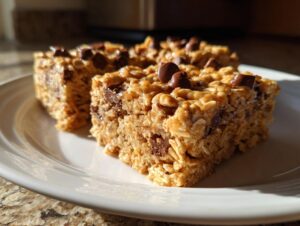 Three squares of chewy oatmeal chocolate chip peanut butter bars topped with melted chocolate chips on a white plate.