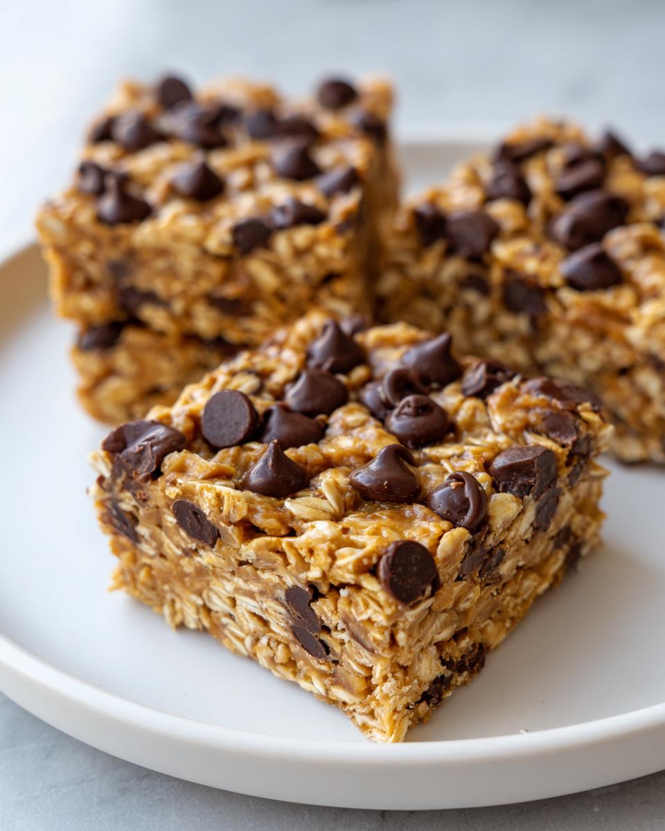 A close-up of a thick, chewy oatmeal chocolate chip peanut butter bar topped with melted chocolate chips.