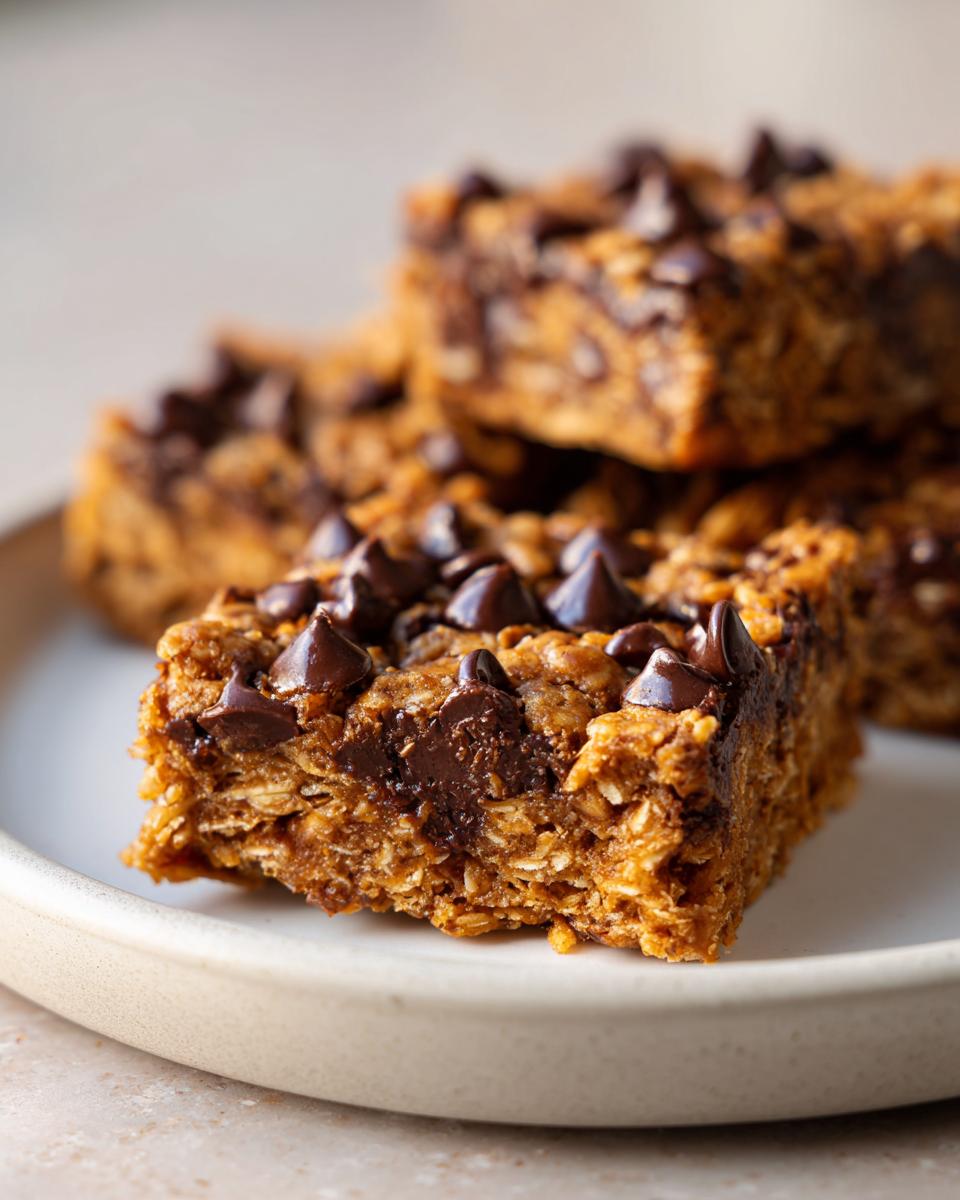 A close-up of stacked oatmeal chocolate chip peanut butter bars topped with melted chocolate chips on a light plate.