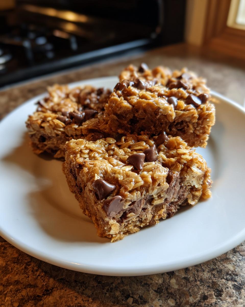Three chewy oatmeal chocolate chip peanut butter bars stacked slightly on a white plate.