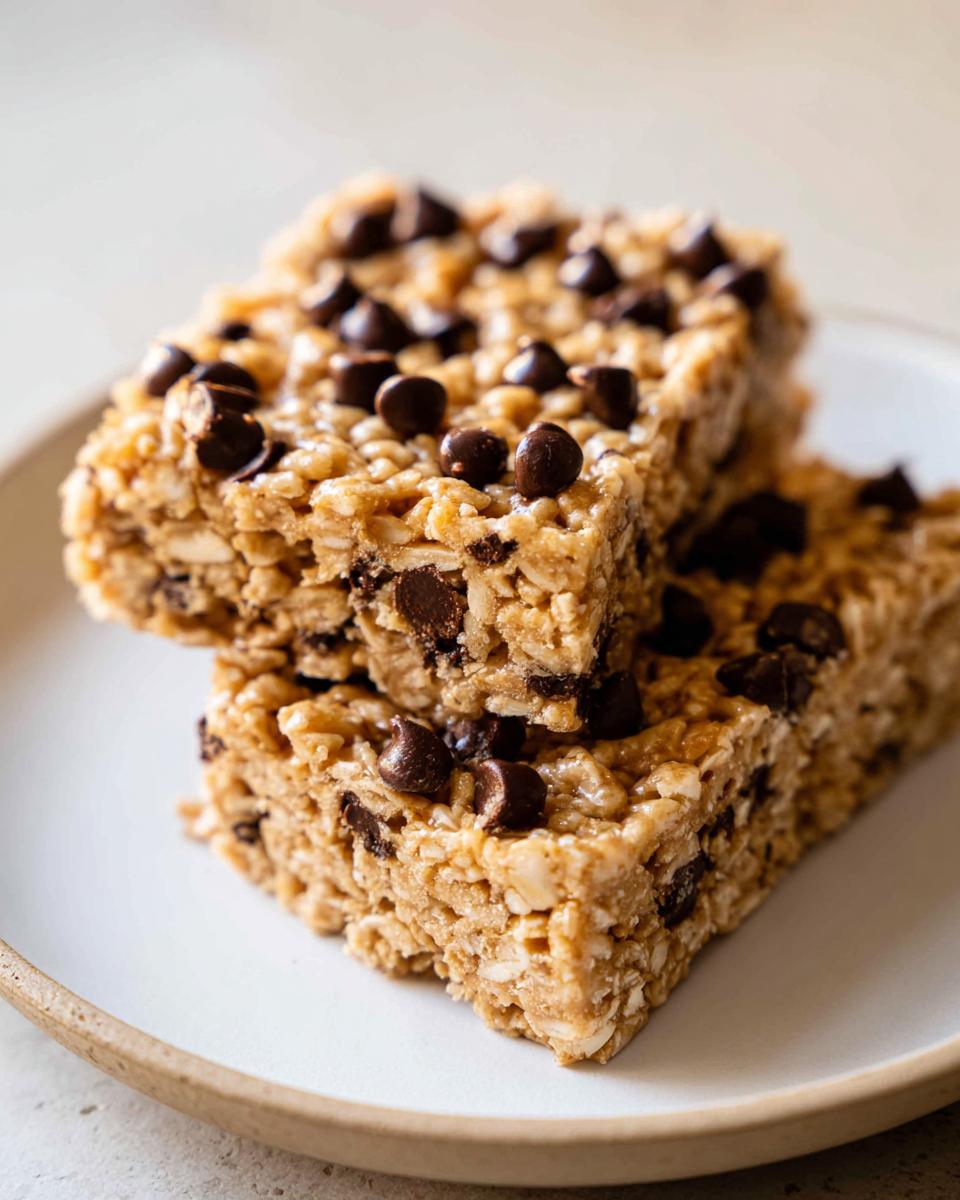 Close-up of two stacked oatmeal chocolate chip peanut butter bars topped with mini chocolate chips on a white plate.