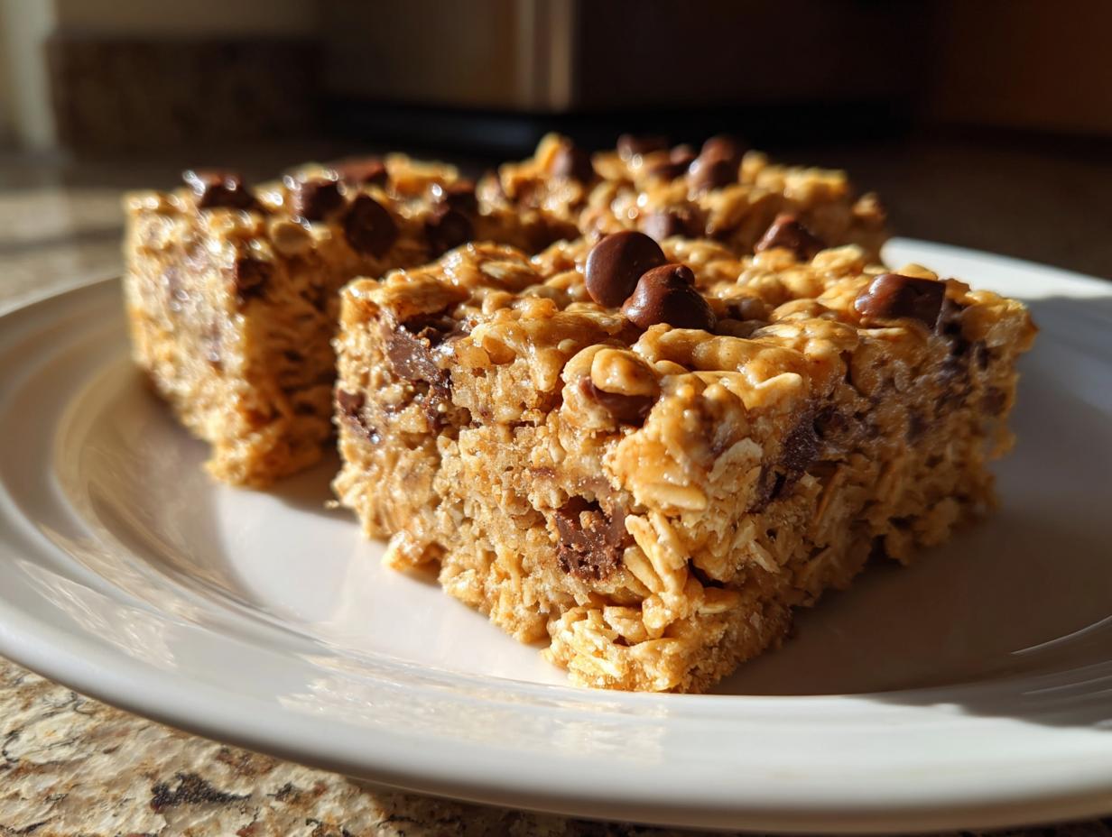 Three squares of chewy oatmeal chocolate chip peanut butter bars topped with melted chocolate chips on a white plate.