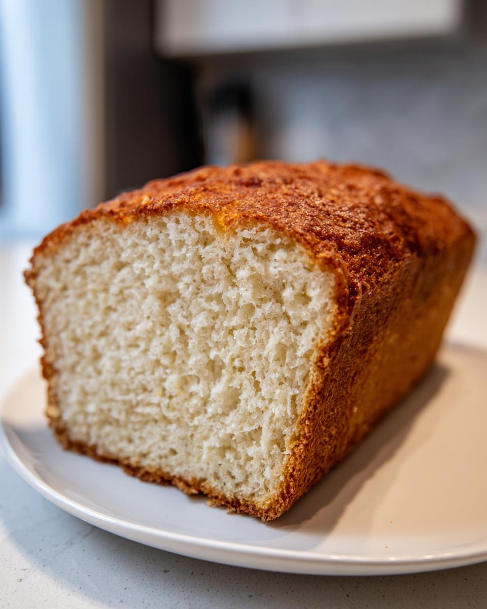 Close-up of a freshly baked loaf of gluten free bread, showing its soft, light interior crumb and golden brown crust.